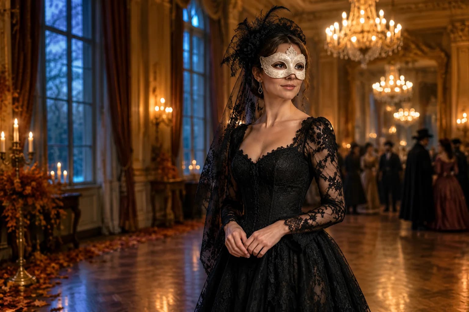 The same woman in a haunted masquerade costume