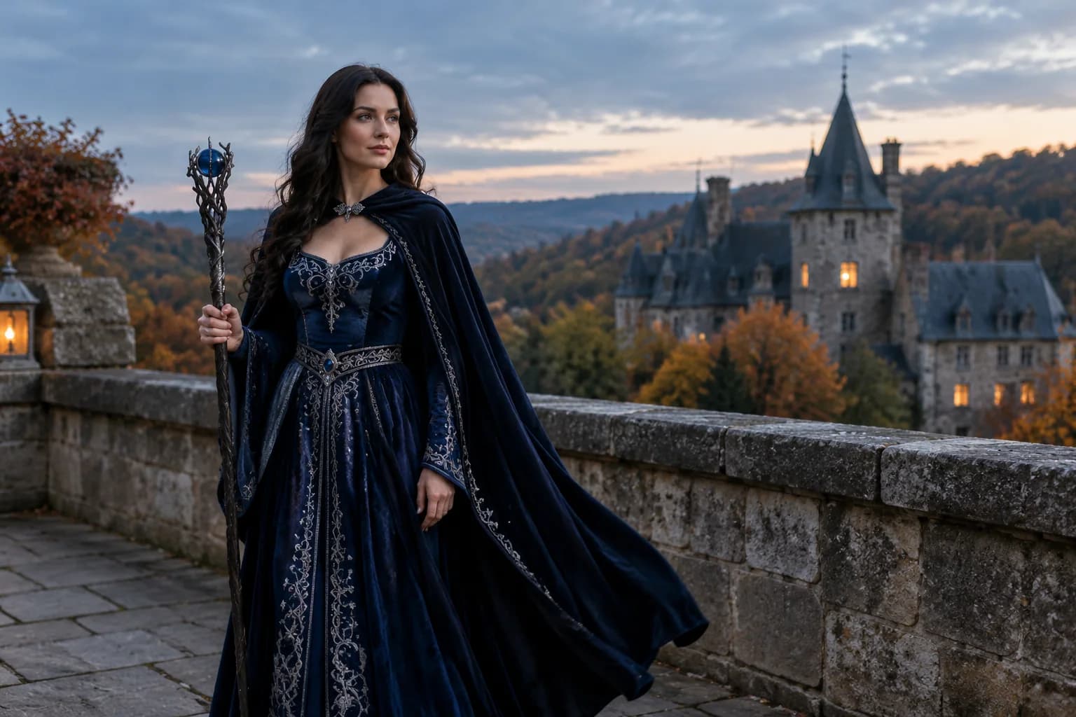 The same woman in a moonlit sorceress costume