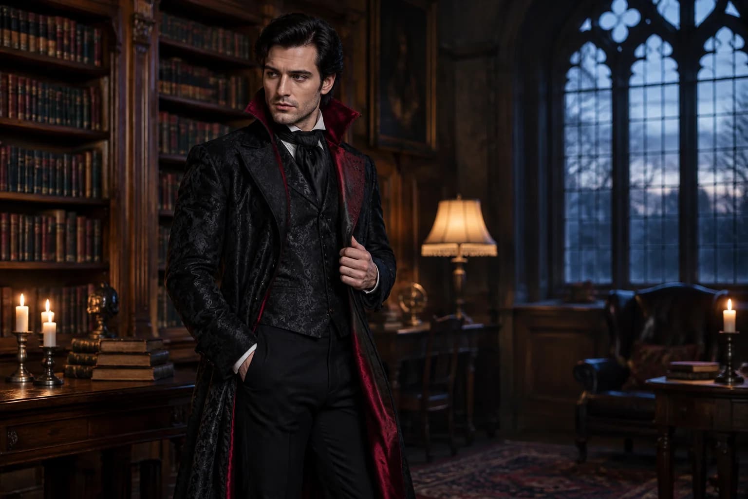 The same man in a Victorian vampire costume